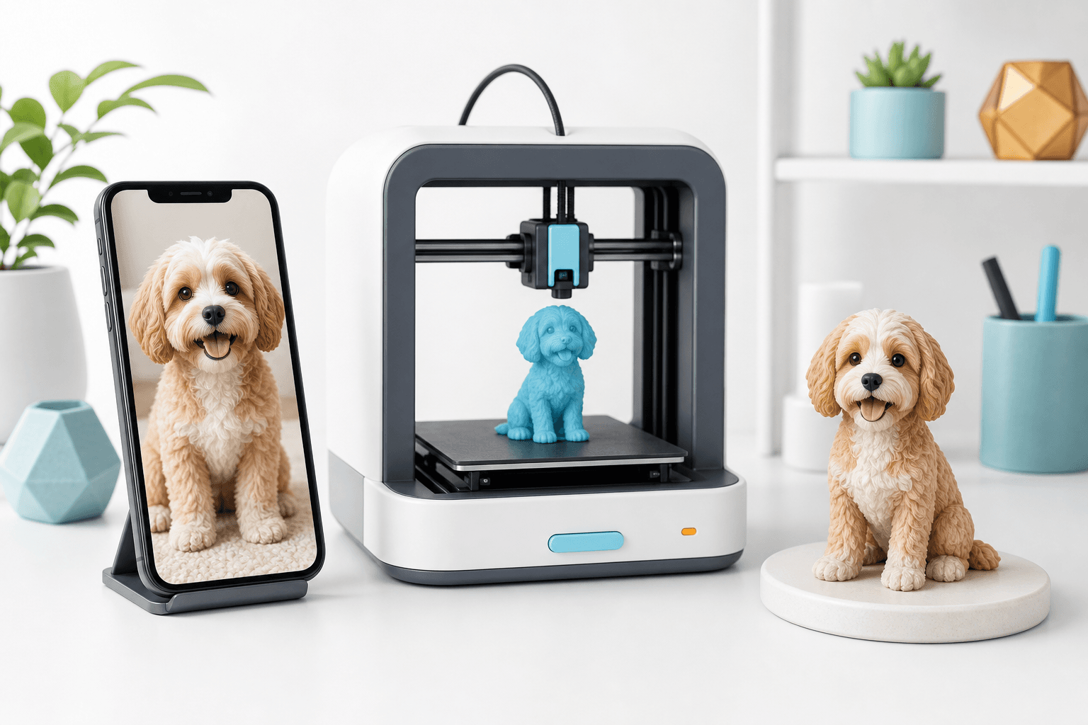 Zdjęcie psa na telefonie, drukarka 3D i gotowa figurka