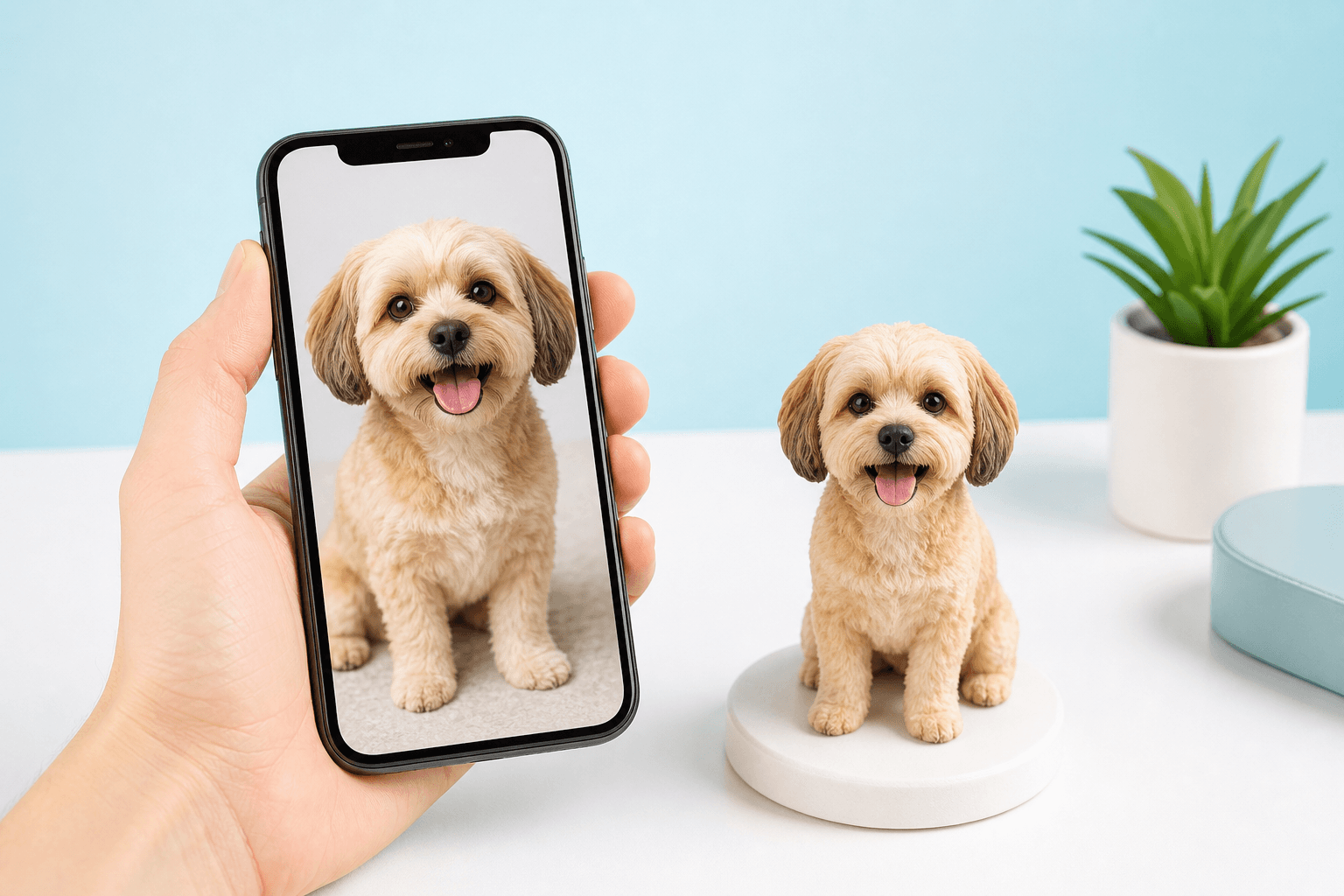 Telefon ze zdjęciem psa obok przykładowej figurki 3D